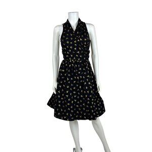 Dollz & Dames Halter Dress Small Gold Sparrow Bird Print Black Pin Up Sundress